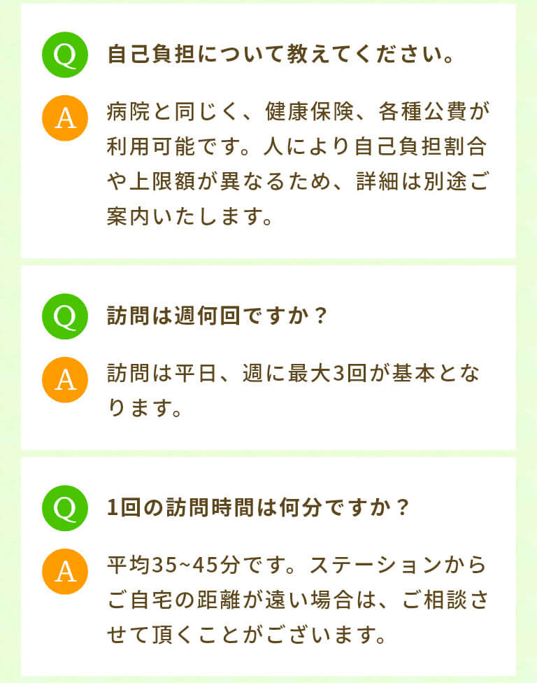 自己負担について教えてください。 病院と同じく、健康保険、各種公費が利用可能です。人により自己負担割合や上限額が異なるため、詳細は別途ご案内いたします。 訪問は週何回ですか？ 訪問は平日、週に最大3回が基本となります。 1回の訪問時間は何分ですか？ 平均35～45分です。ステーションからご自宅の距離が遠い場合は、ご相談させて頂くことがございます。