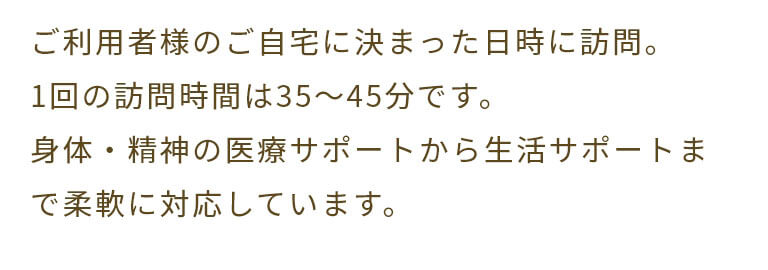 ご利用者様のご自宅に決まった日時に訪問。1回の訪問時間は35～45分です。身体・精神の医療サポートから生活サポートまで柔軟に対応しています。